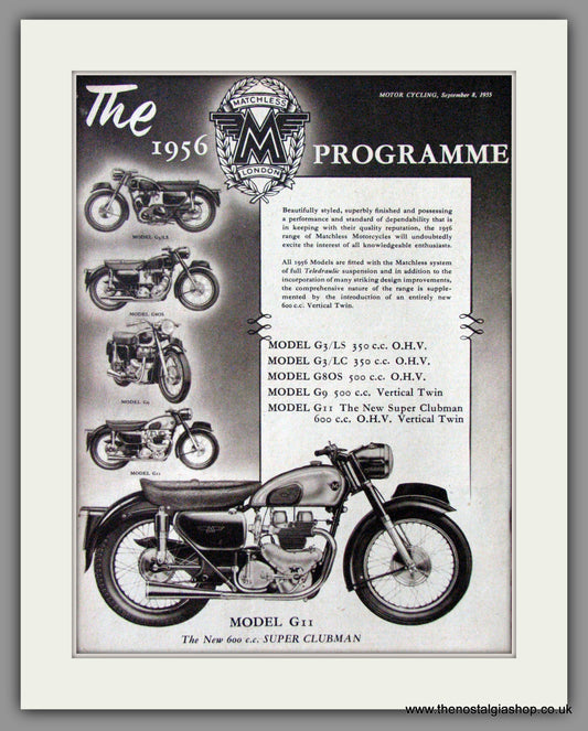 Matchless GII Super Clubman Motorcycle. 1956 Original Advert. (ref AD52329)