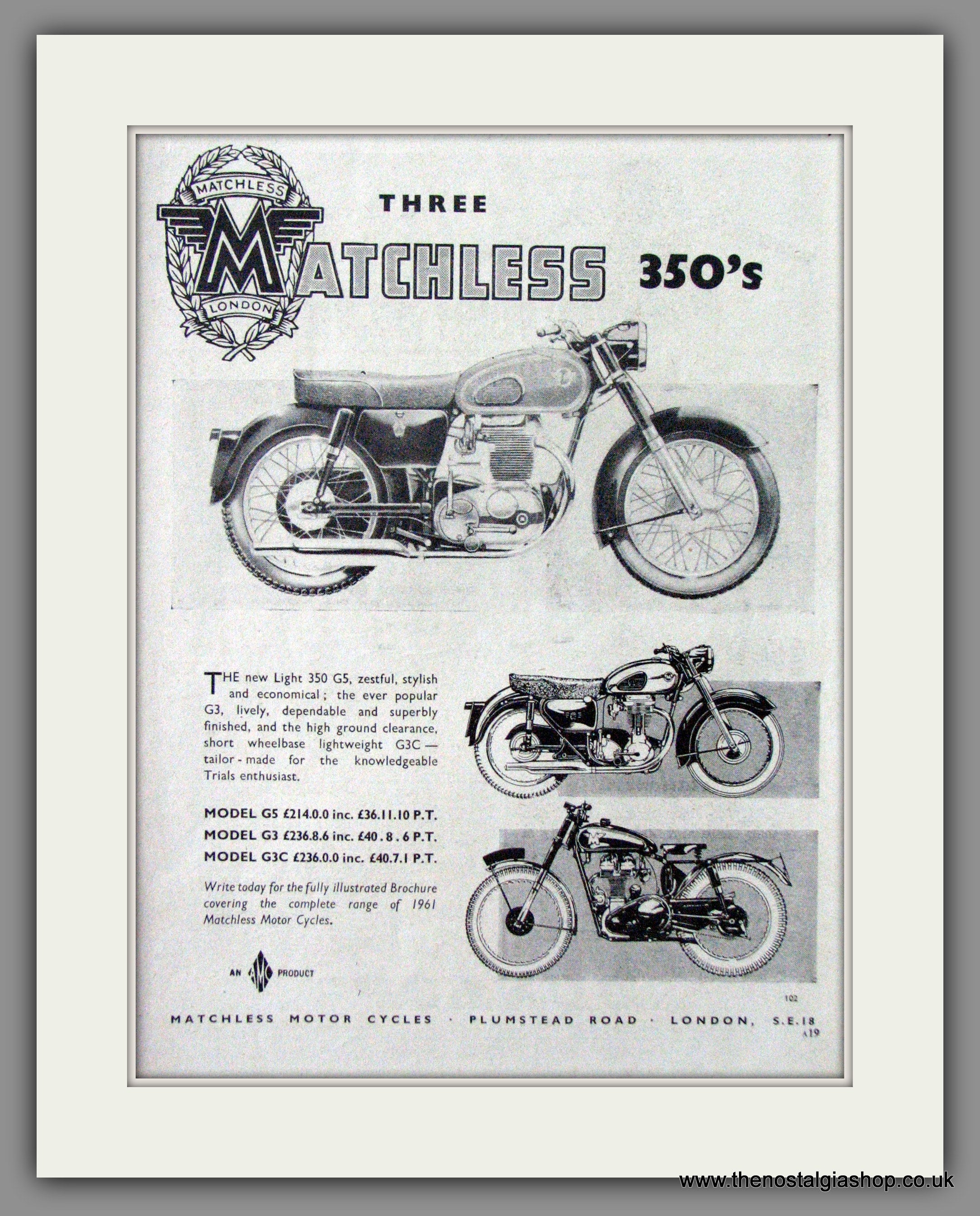 Matchless 350's G3 and G5 Motorcycles. 1961 Original Advert. (ref AD52 ...