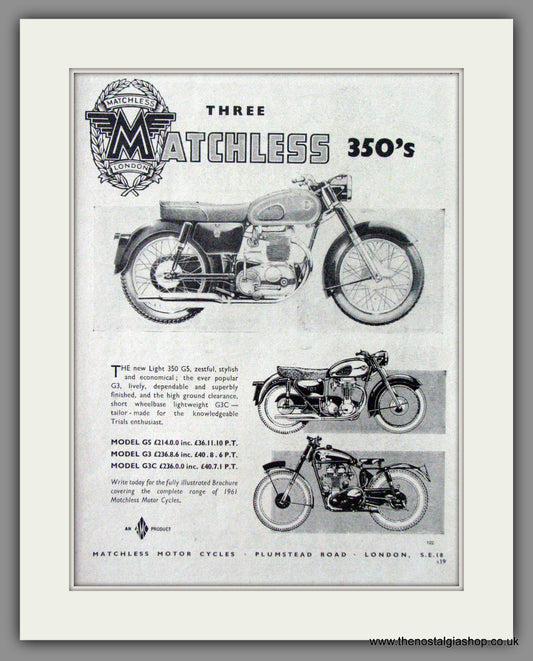 Matchless 350's G3 and G5 Motorcycles. 1961 Original Advert. (ref AD52330)