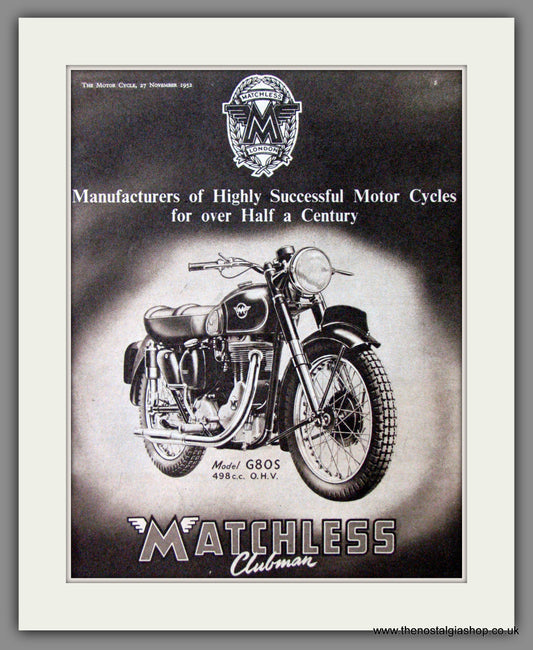 Matchless G80S Motorcycle. 1952 Original Advert. (ref AD52332)