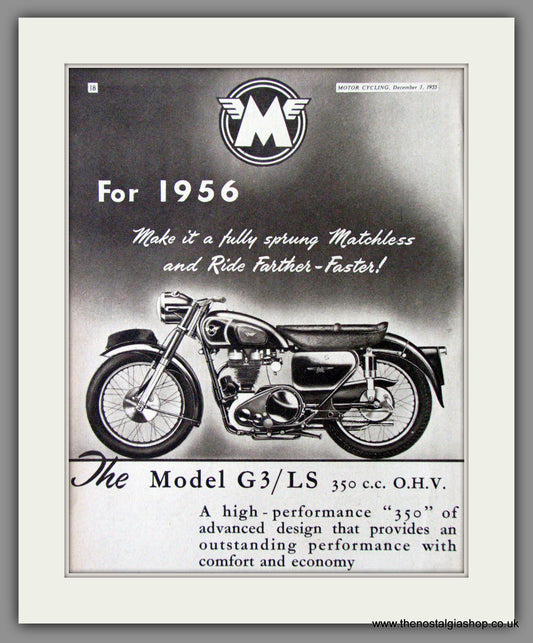 Matchless G3/LS Motorcycle. 1955 Original Advert. (ref AD52334)