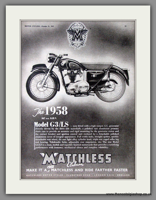Matchless G3/LS Motorcycle. 1957 Original Advert. (ref AD52335)