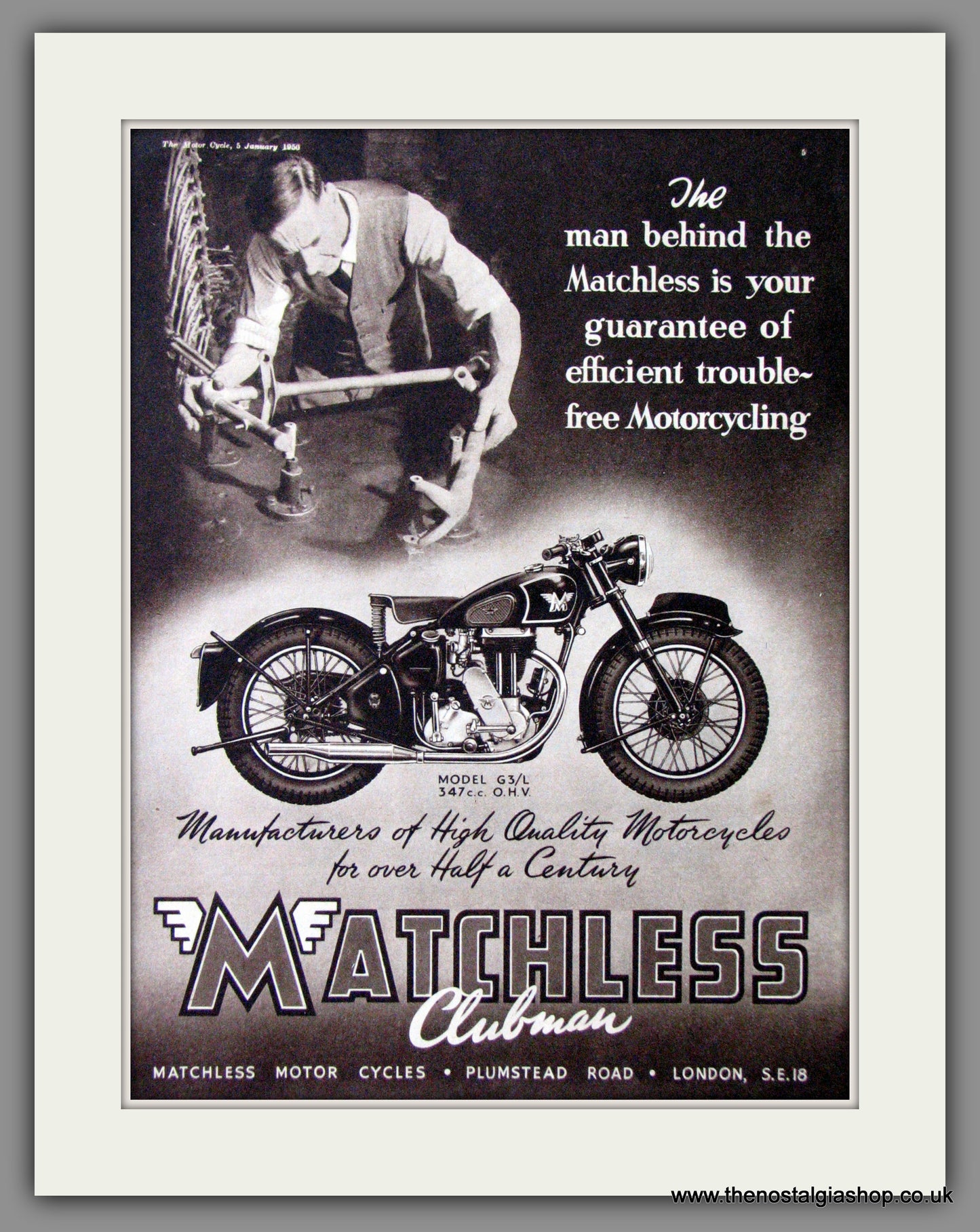 Matchless G3/L 350cc Motorcycle. 1950 Original Advert. (ref AD52337)