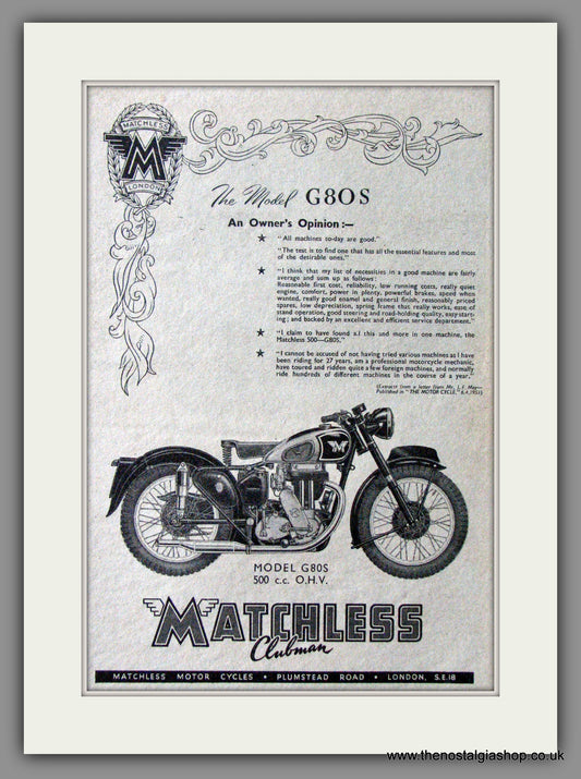 Matchless G80S 500cc Motorcycle. 1951 Original Advert. (ref AD52346)
