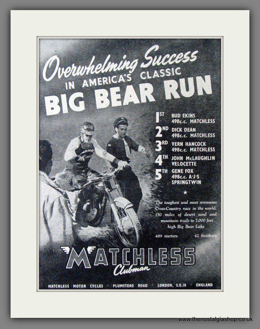 Matchless Motorcycles Win Big Bear Run, USA. 1954 Original Advert. (ref AD52406)