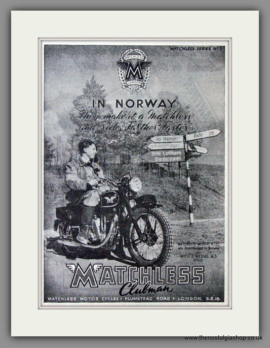 Matchless Motorcycles In Norway. 1950 Original Advert. (ref AD52411)