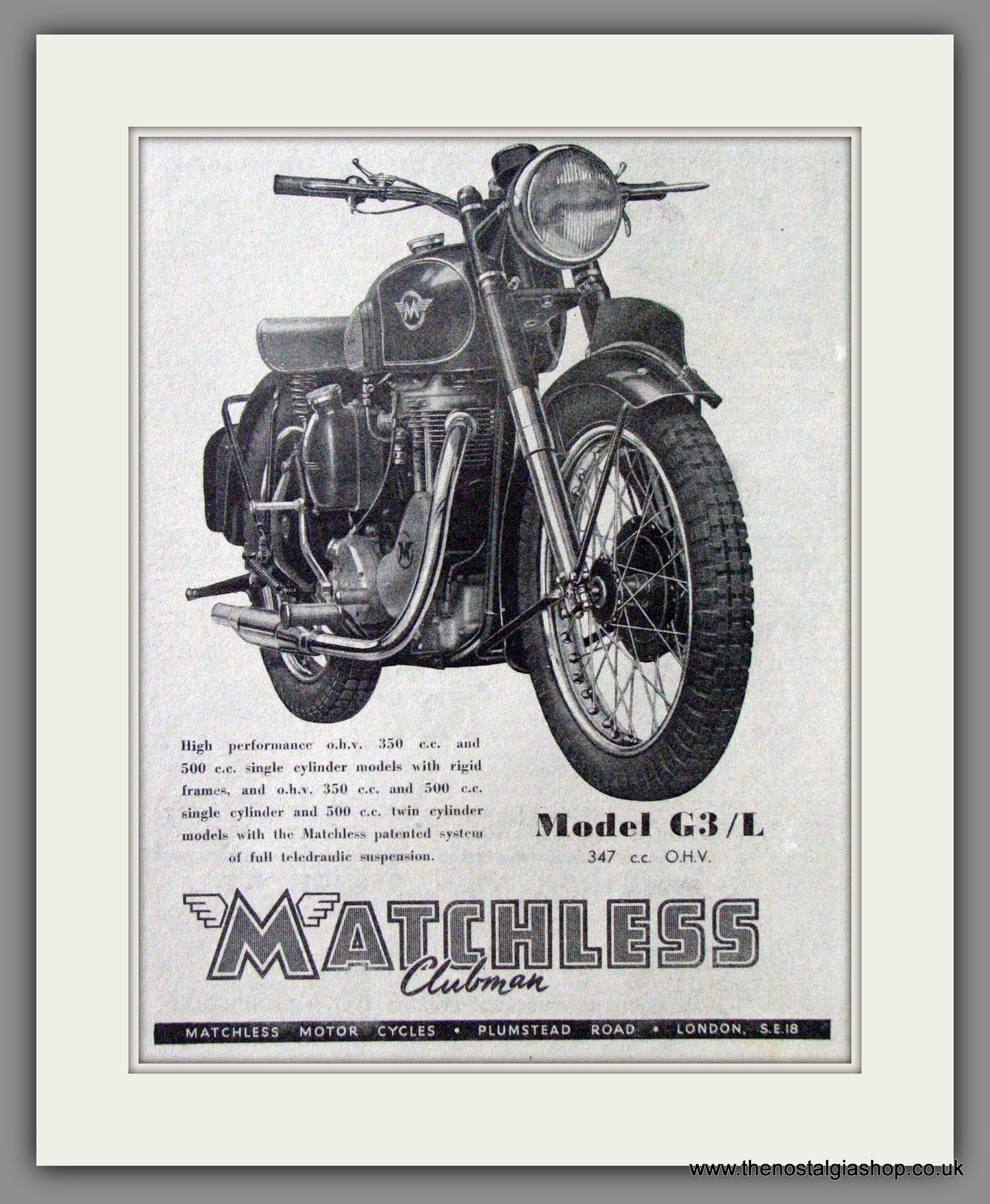 Matchless G3/L 350cc Motorcycle. 1952 Original Advert. (ref AD52416)