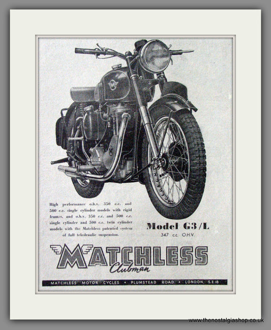 Matchless G3/L 350cc Motorcycle. 1952 Original Advert. (ref AD52416)