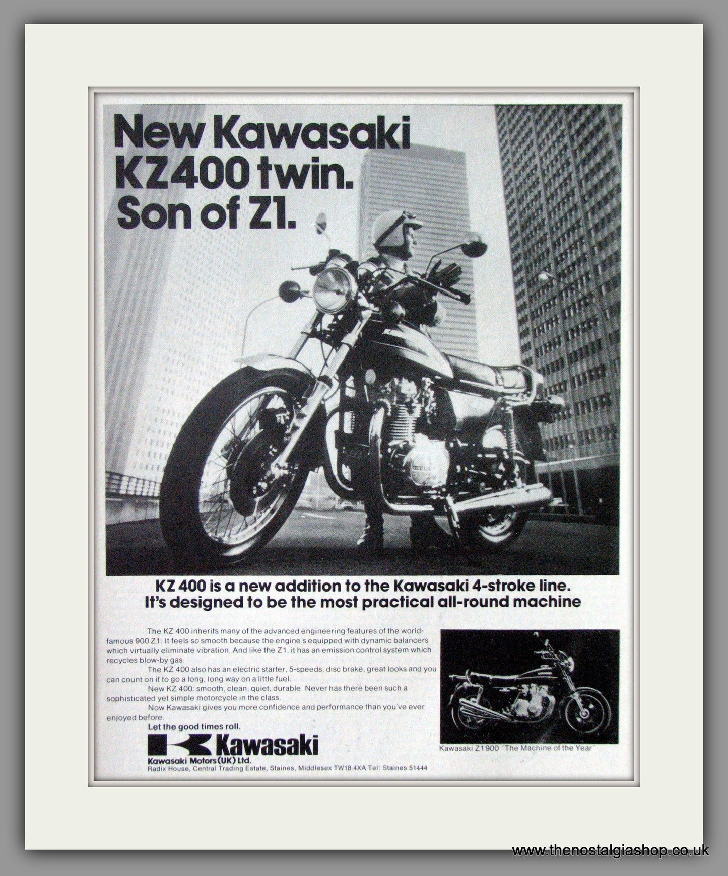 Kawasaki KZ400 Twin Motorcycle. 1975 Original Advert. (ref AD52427)