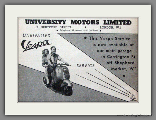 Vespa Service, University Motors Ltd. Original advert 1953 (ref AD52464)