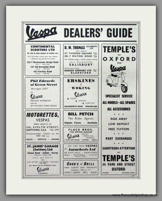 Vespa Dealers Guide. Pair of Original adverts 1959 (ref AD52481)