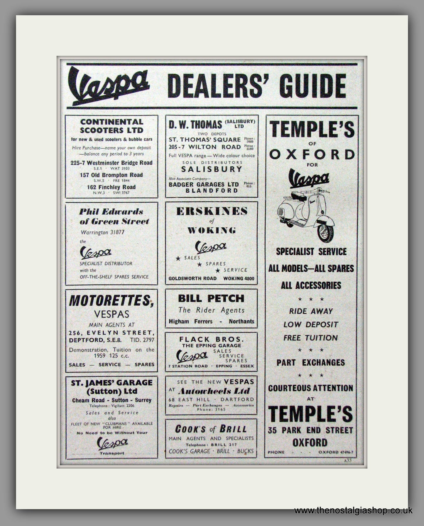 Vespa Dealers Guide. Pair of Original adverts 1959 (ref AD52481)
