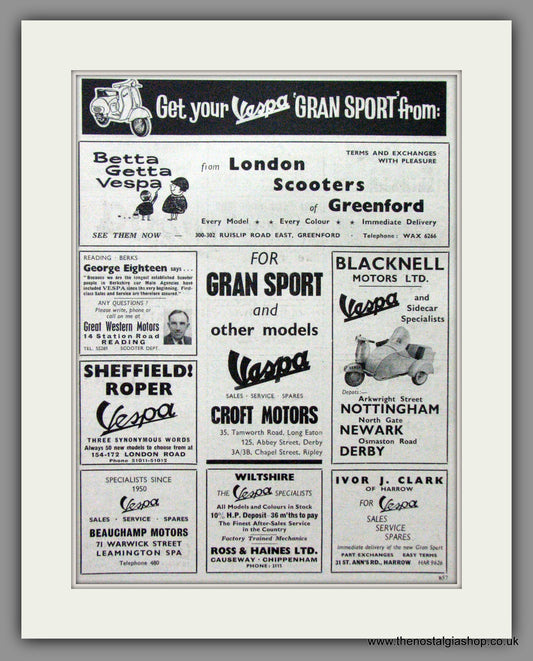Vespa Gran Sport Dealers Guide. Pair of Original adverts 1960 (ref AD52482)