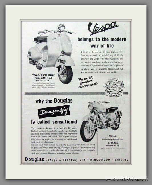 Vespa 125cc and Douglass Dragonfly. Original advert 1955 (ref AD52484)