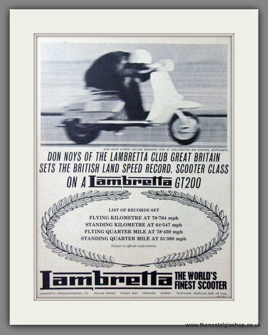 Lambretta GT200 Sets British Land Speed Record. Original advert 1965 (ref AD52536)