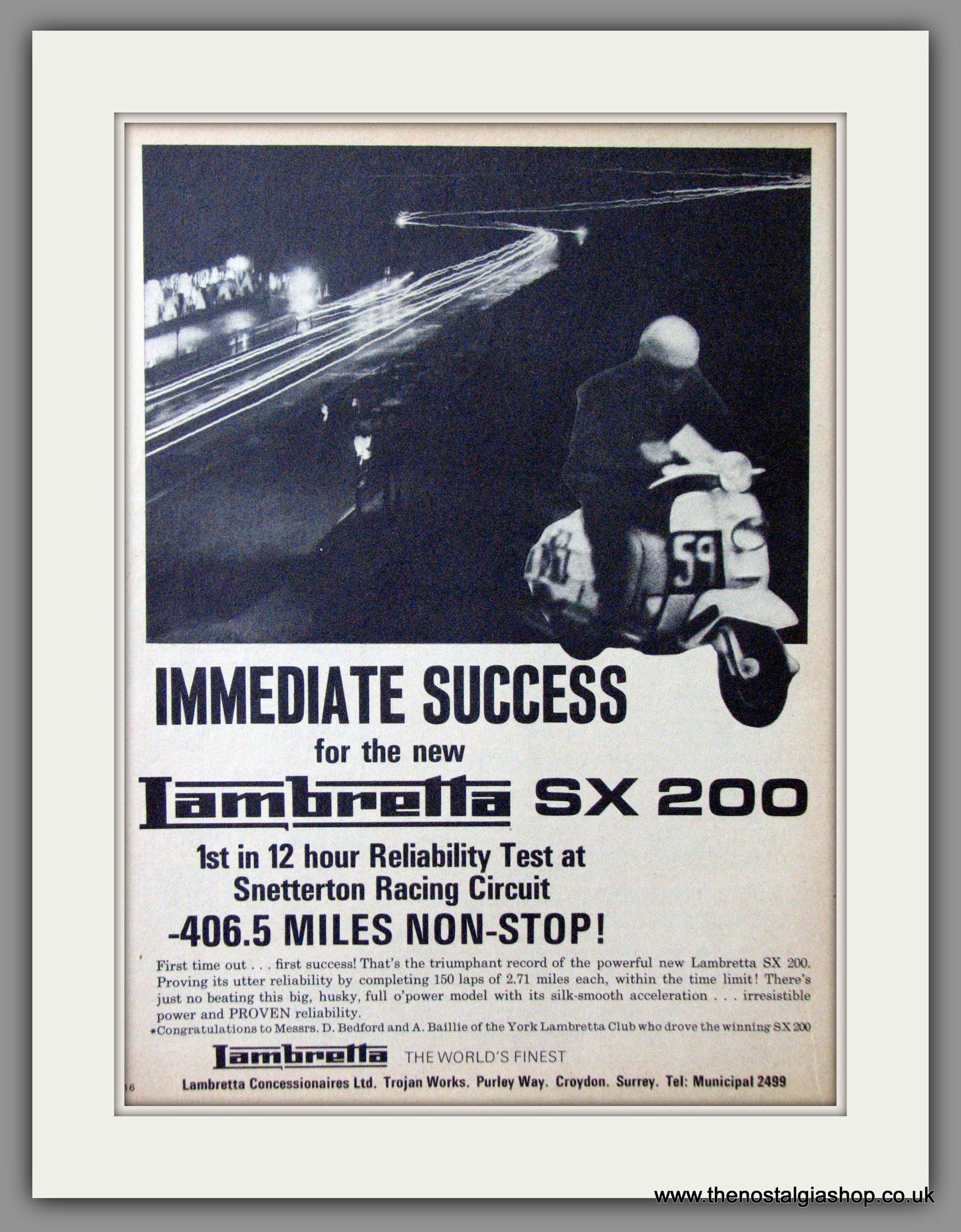 Lambretta SX 200 Ist in Reliability Test, Snetterton. Original advert 1966 (ref AD52537)
