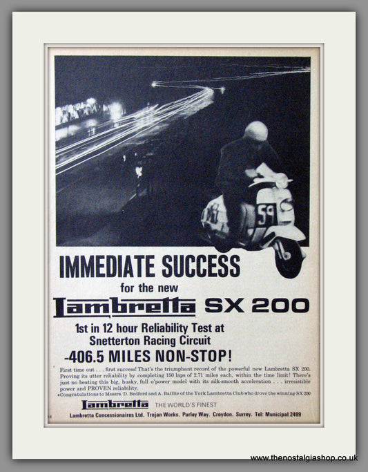 Lambretta SX 200 Ist in Reliability Test, Snetterton. Original advert 1966 (ref AD52537)