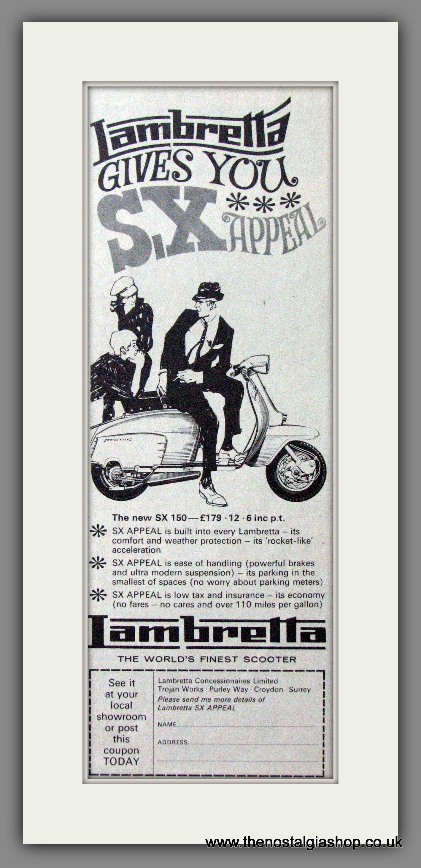 Lambretta SX 150. Gives You S.X. Appeal. Original advert 1968 (ref AD52659)