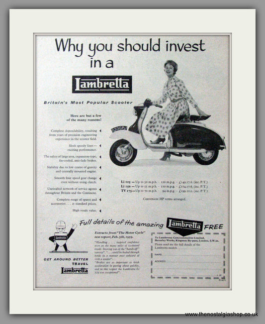 Lambretta Li 125,Li 150, TV 175. Original advert 1959 (ref AD52850)