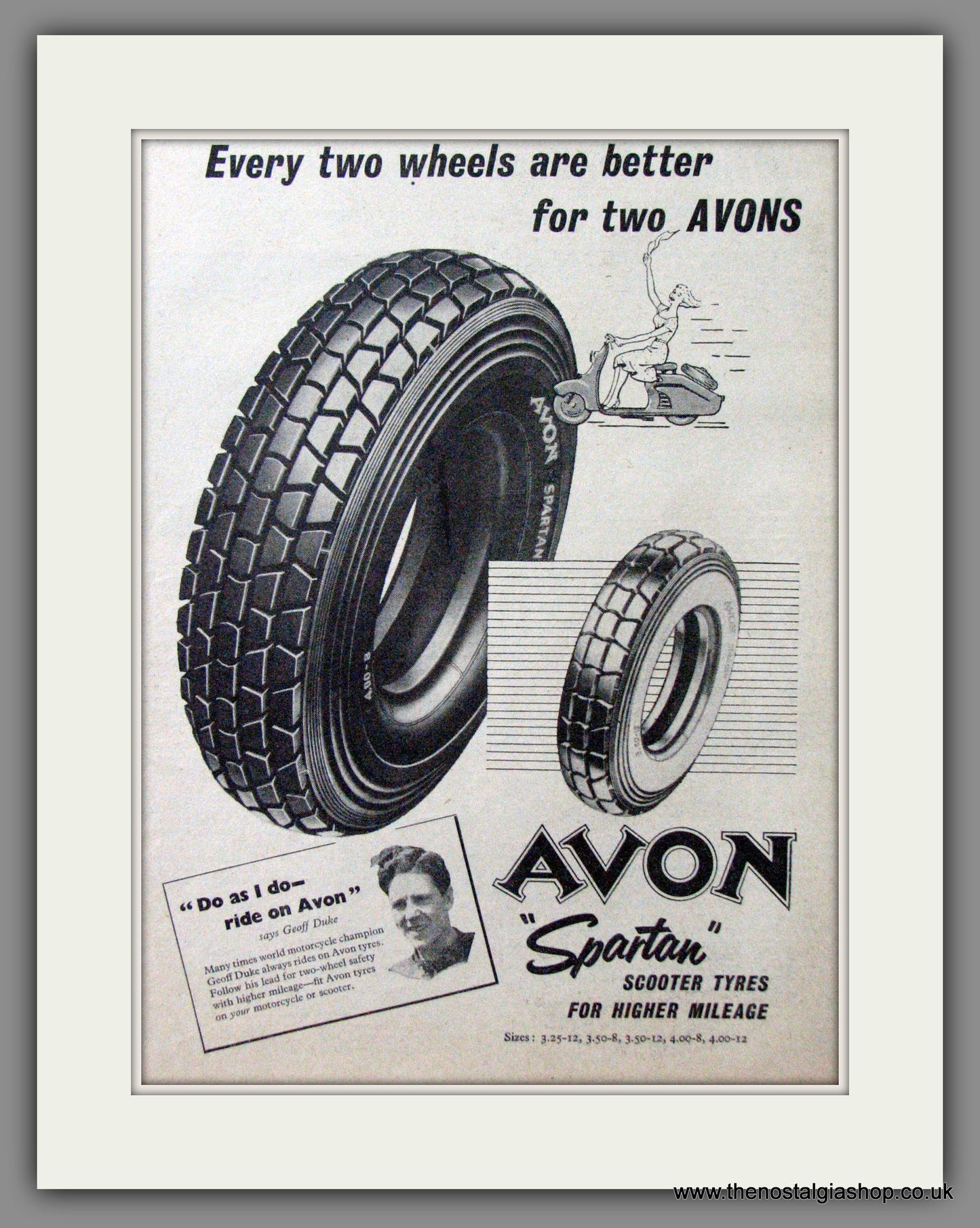 Avon Spartan Scooter Tyres. Original advert 1957 (ref AD53163)