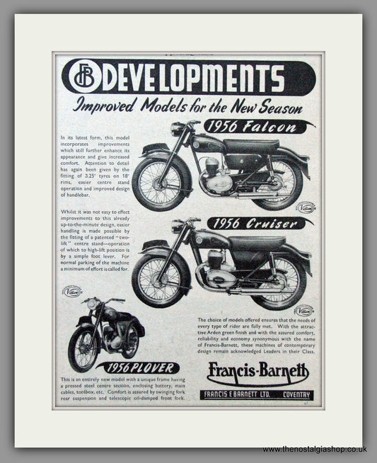 Francis-Barnett Range For '56. Falcon, Plover, Cruiser. Original Advert 1956 (ref AD52936)