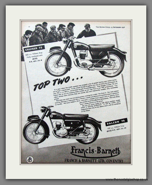 Francis-Barnett Falcon 74, Cruiser 75. Original Advert 1956 (ref AD52938)