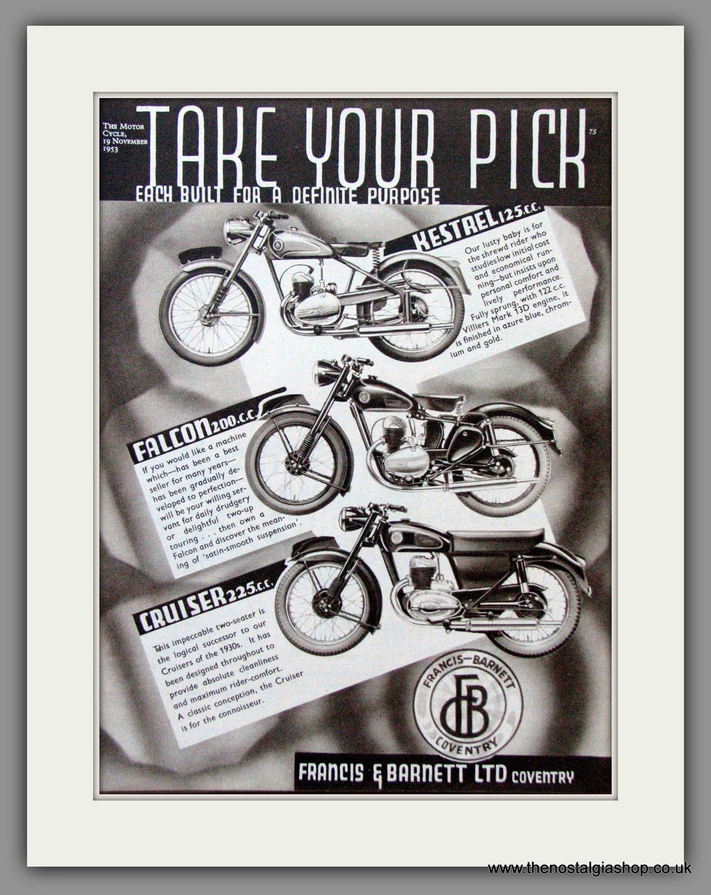 Francis-Barnett Falcon, Kestrel, Cruiser. Original advert 1953 (ref AD1251)