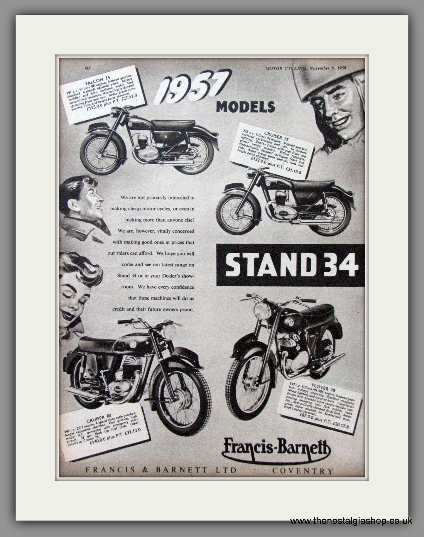 Francis-Barnett. Motorcycle Range for '57. Original Advert 1956 (ref AD52941)