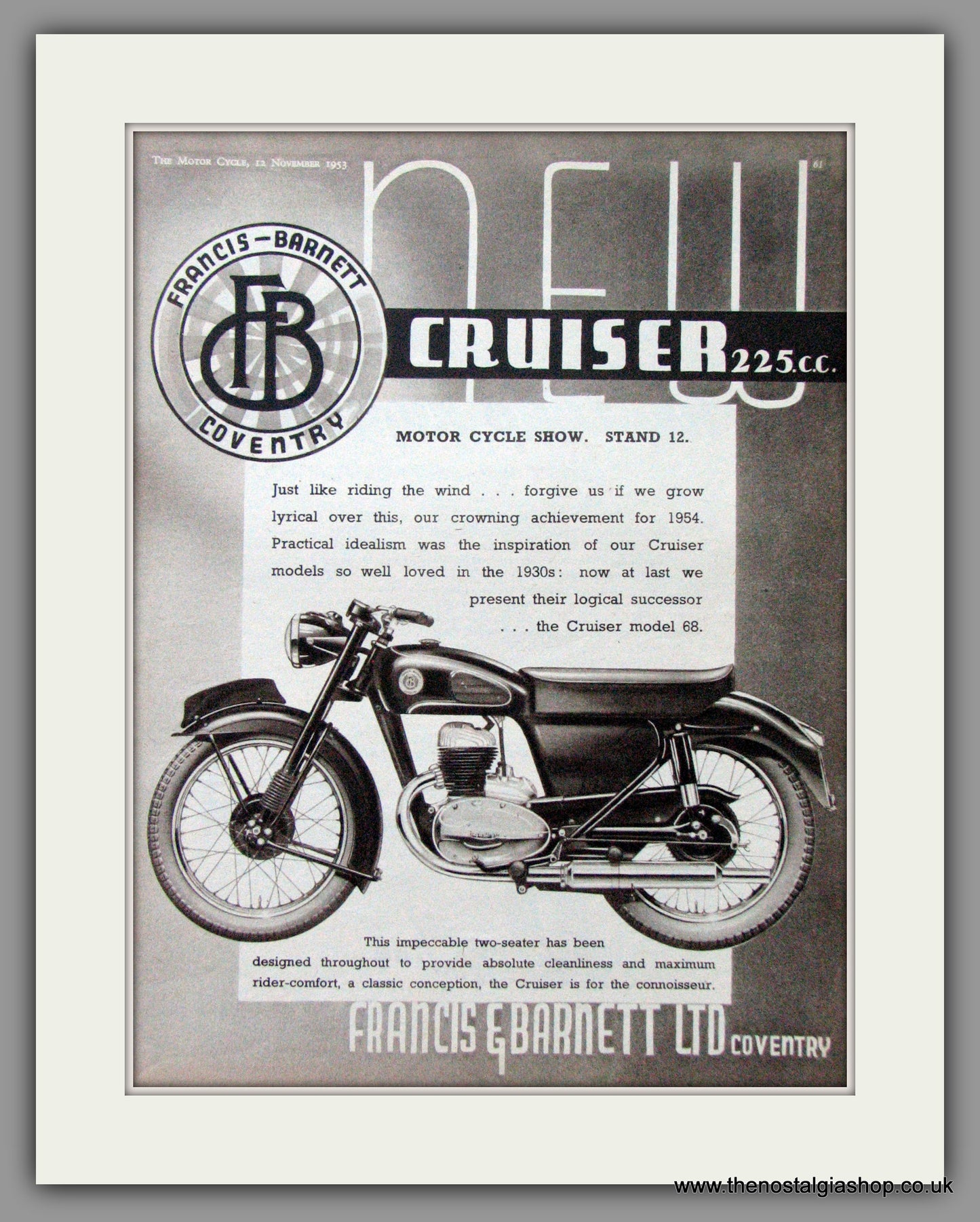 Francis-Barnett. Cruiser 225cc. Original Advert 1953 (ref AD52944)