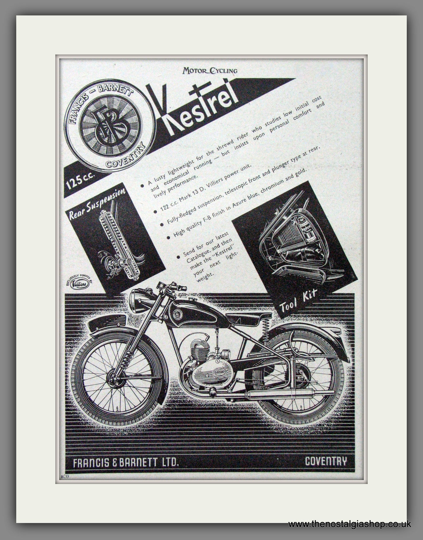 Francis-Barnett Kestrel 125cc. Original Advert 1954 (ref AD52953)