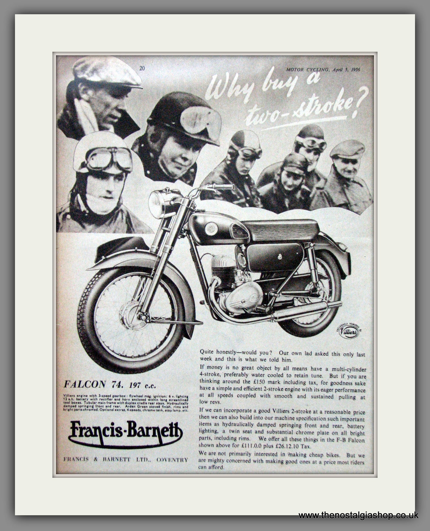 Francis-Barnett Falcon 200cc. Original Advert 1956 (ref AD53019)