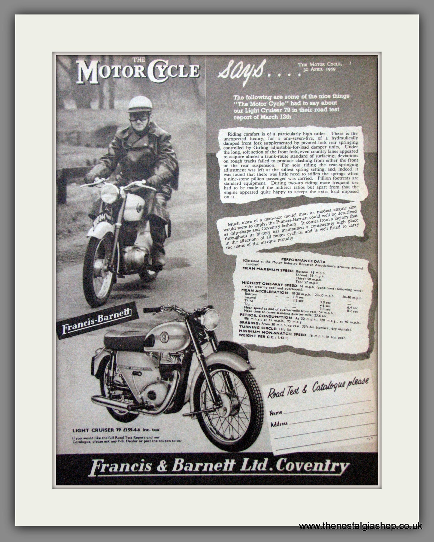 Francis-Barnett Light Cruiser 79. Original Advert 1959 (ref AD53024)
