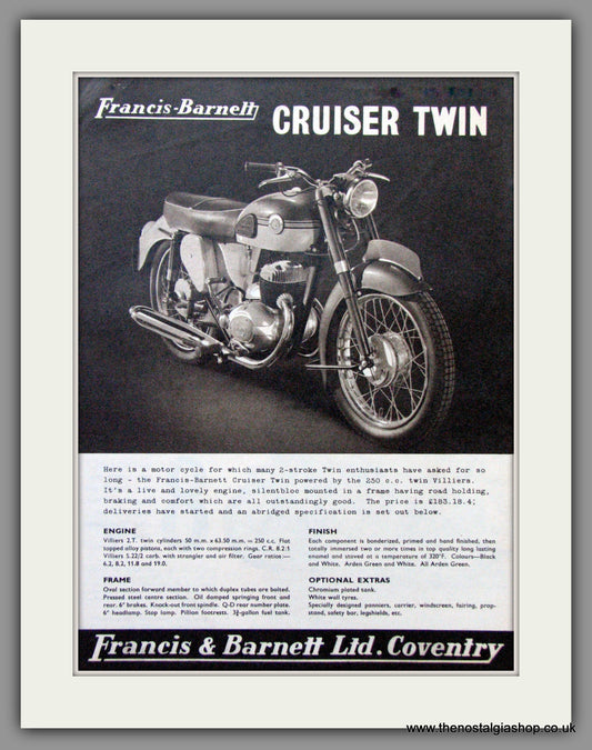 Francis-Barnett Cruiser Twin 250cc. Original Advert 1961 (ref AD53025)