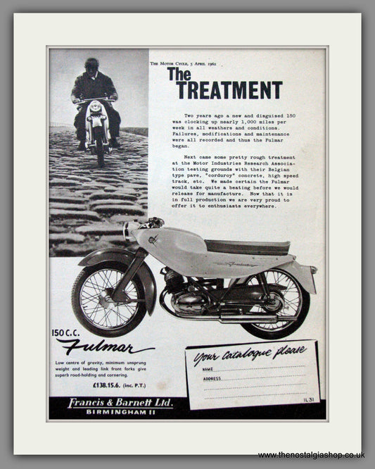 Francis-Barnett Fulmar 150cc. Original Advert 1962 (ref AD53029)