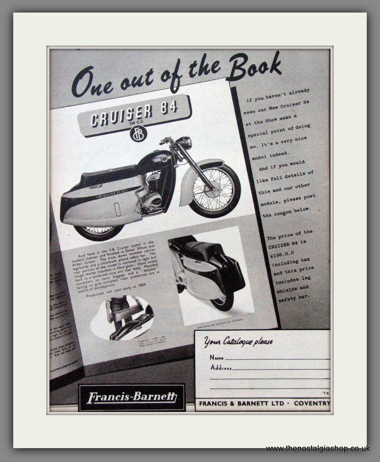 Francis-Barnett Cruiser 84. 250cc. Original Advert 1958 (ref AD53030)