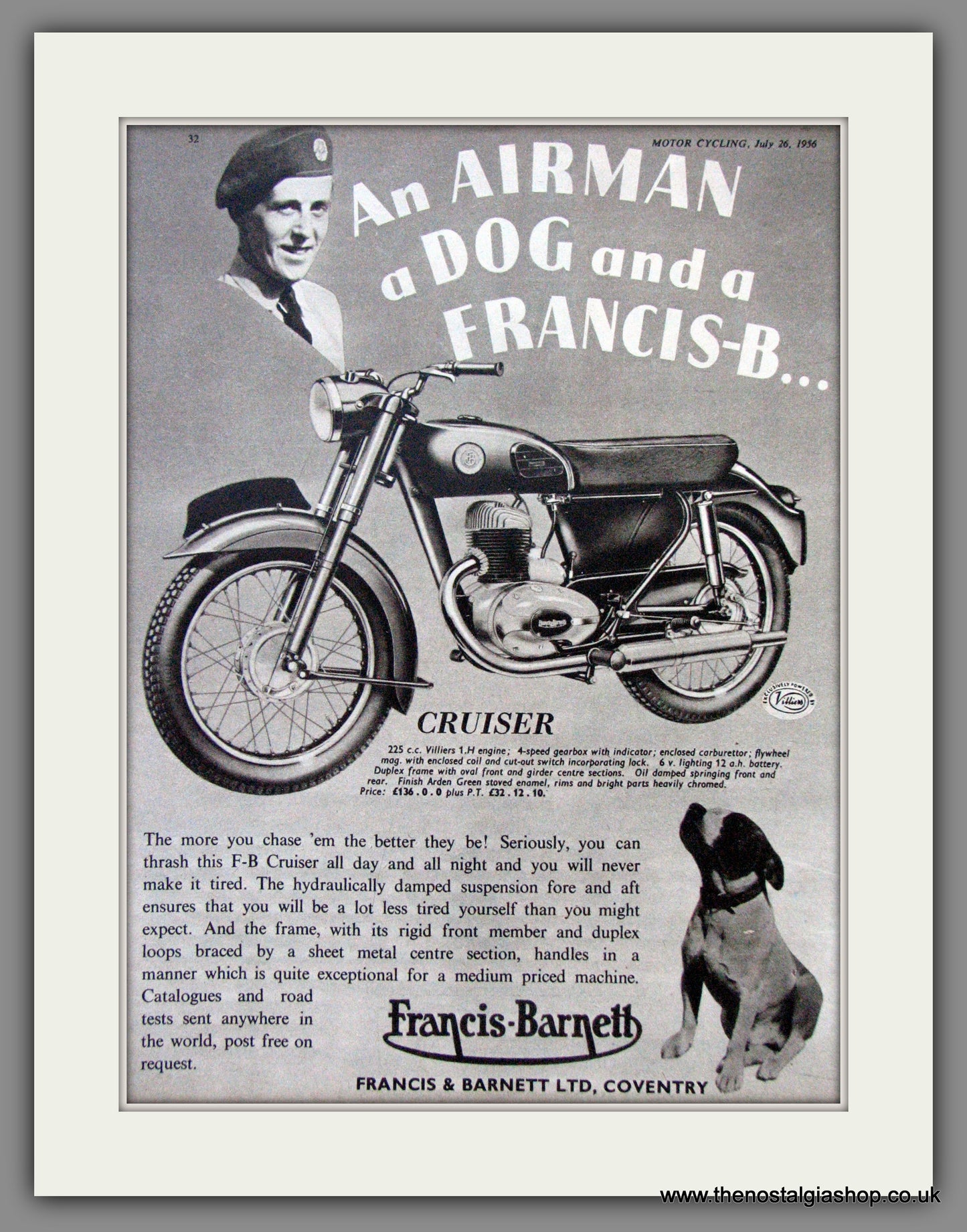 Francis-Barnett Cruiser 225cc. Original Advert 1956 (ref AD53032)