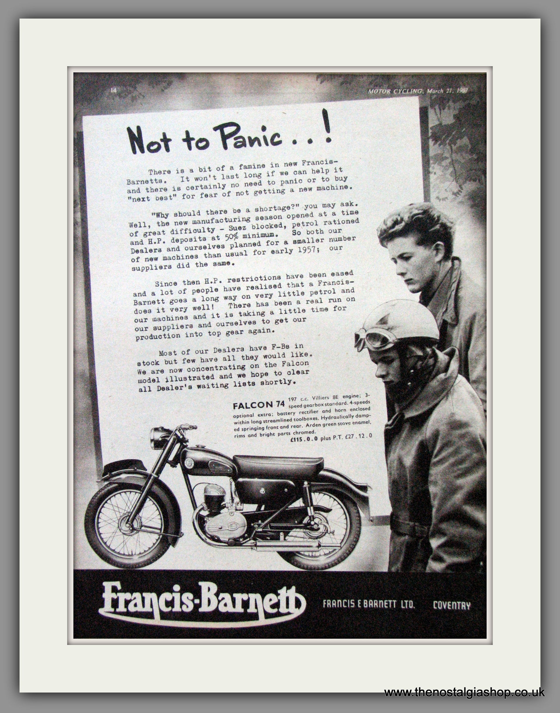 Francis-Barnett Falcon 74 Original Advert 1957 (ref AD53033