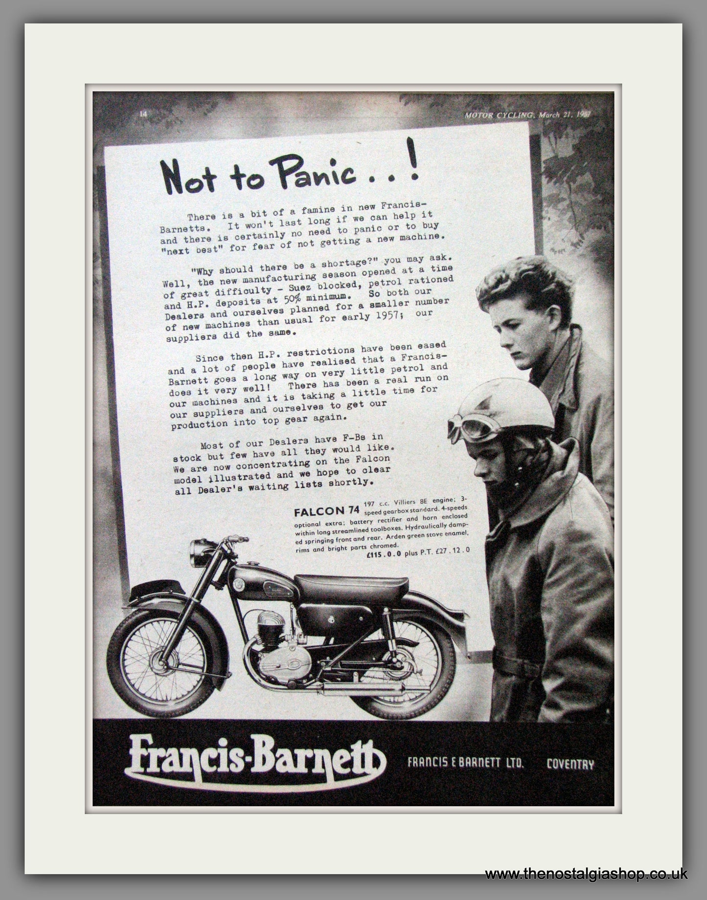 Francis-Barnett Falcon 74 200cc. Original Advert 1957 (ref AD53033)