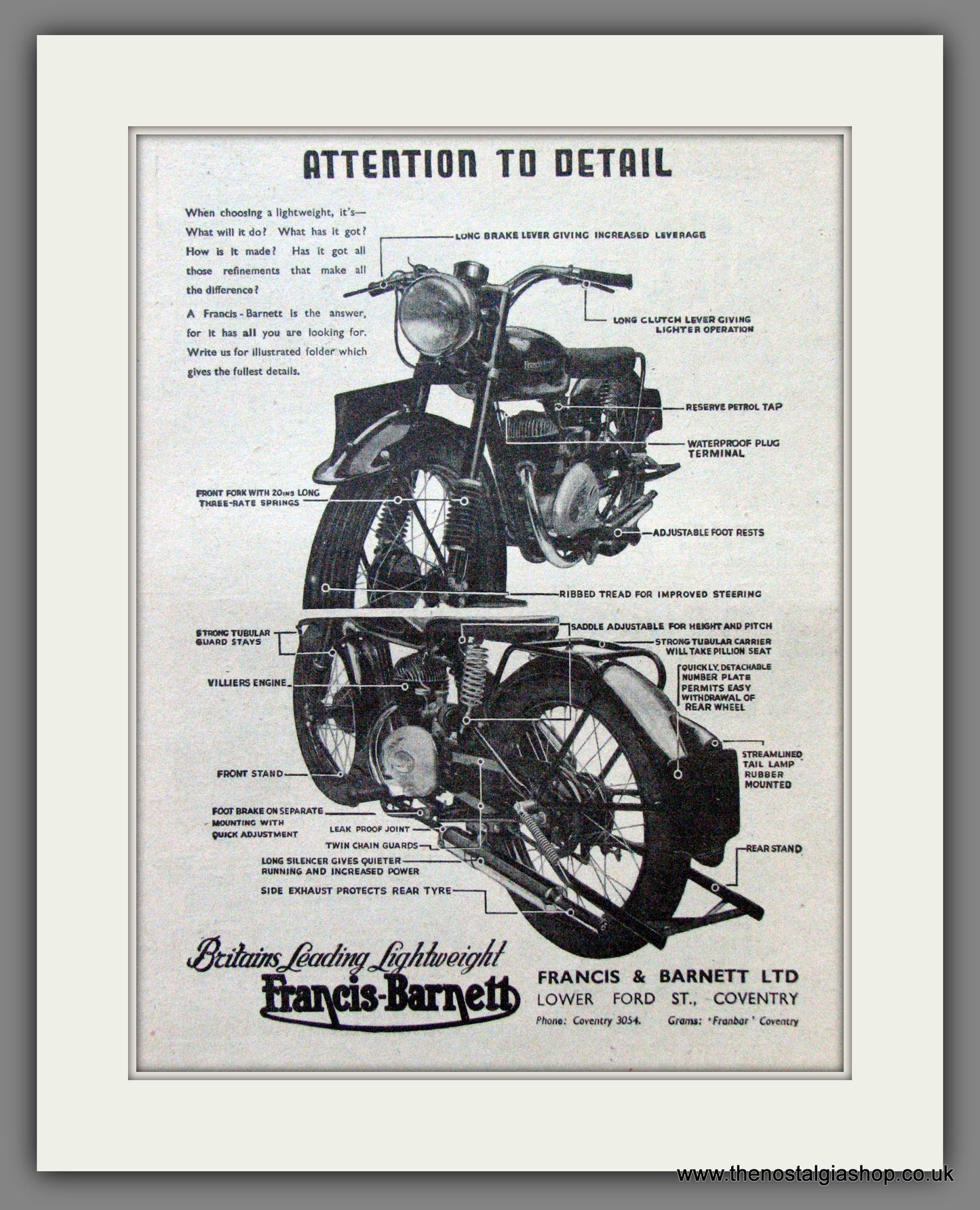 Francis-Barnett Lightweight. Original Advert 1951 (ref AD53038)