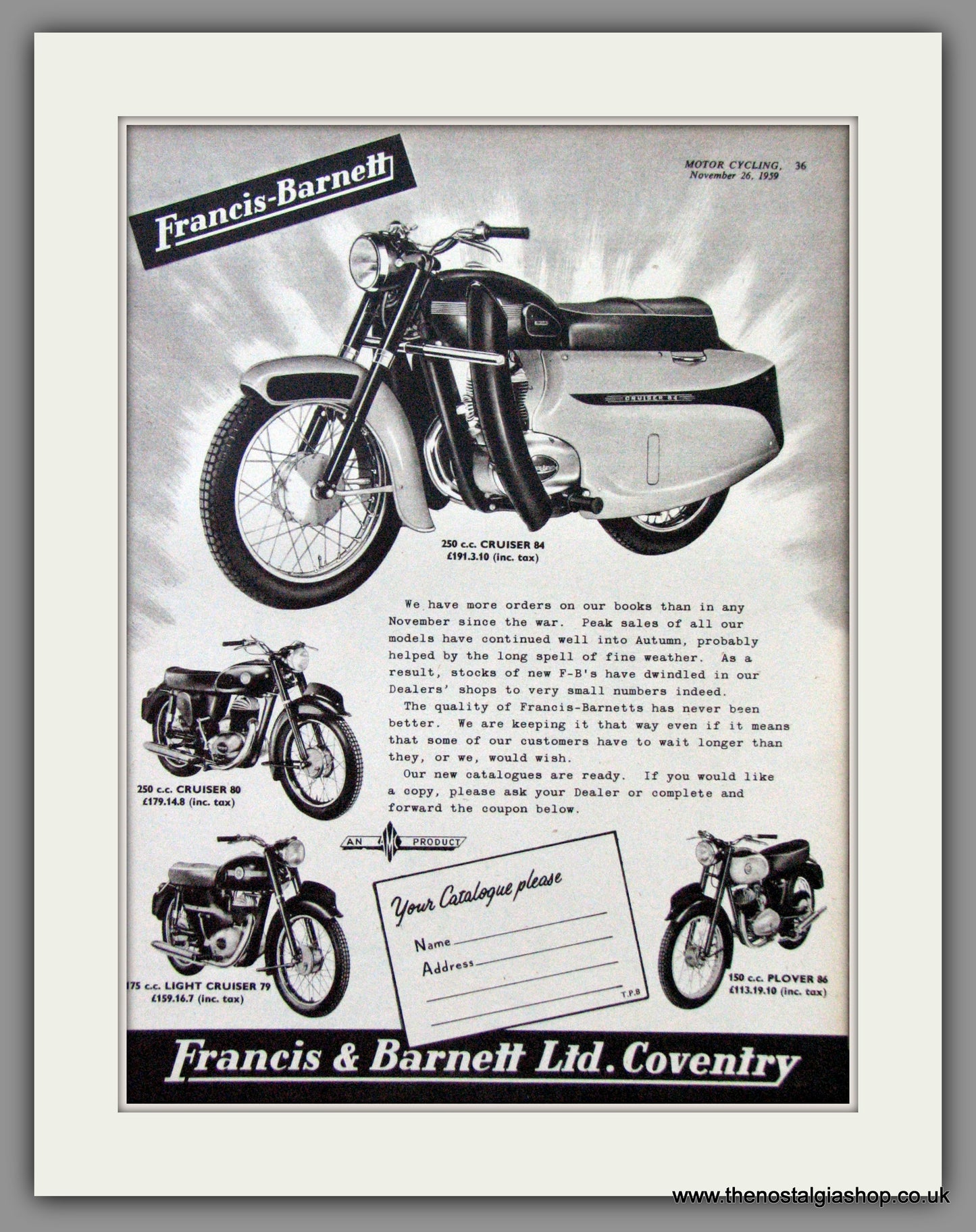 Francis-Barnett Cruisers for '59. Original Advert 1959 (ref AD53041)