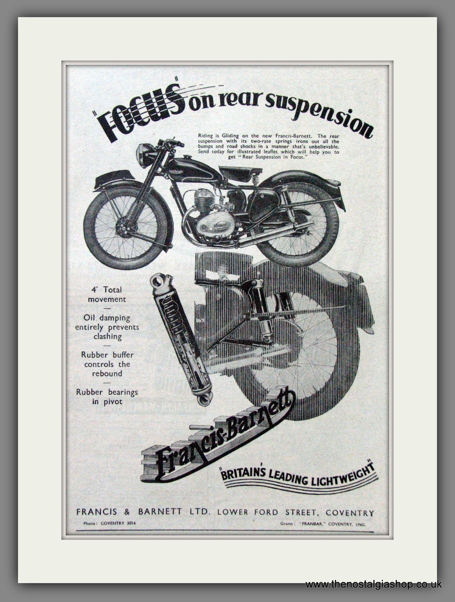 Francis-Barnett. Focus on Rear Suspension. Original Advert 1951 (ref AD53056)