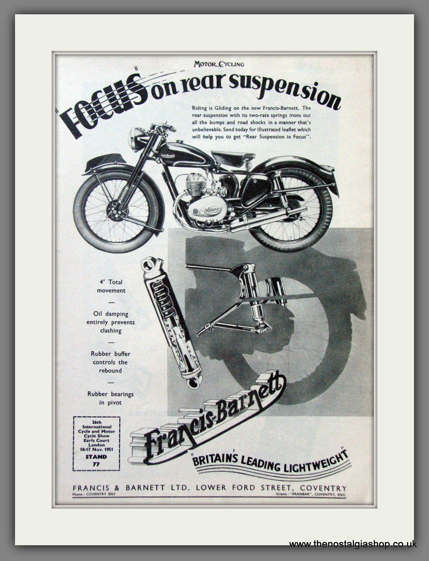 Francis-Barnett. Focus on Rear Suspension. Original Advert 1951 (ref AD53057)