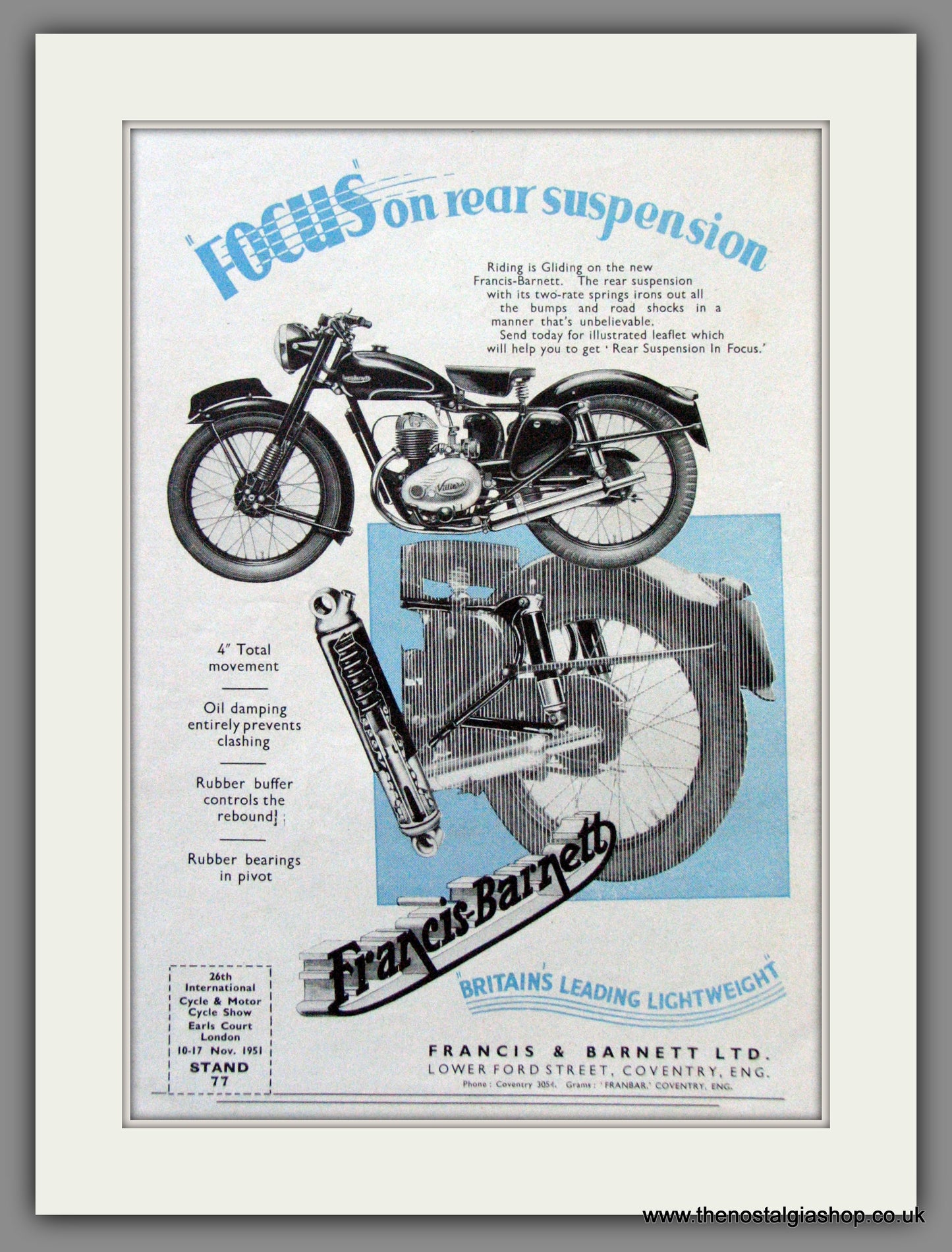 Francis-Barnett. Focus on Rear Suspension. Original Advert 1951 (ref AD53058)