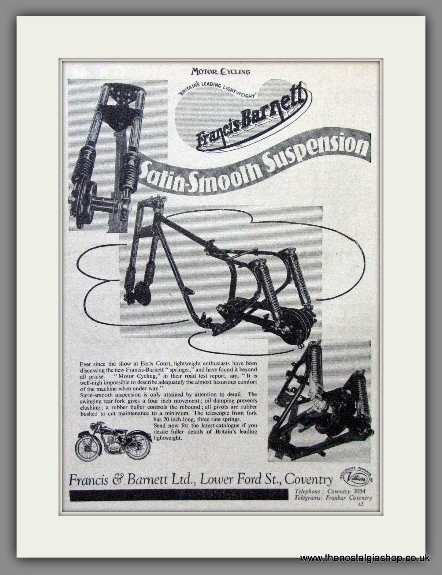 Francis-Barnett. Satin Smooth Suspension. Original Advert 1952 (ref AD53062)