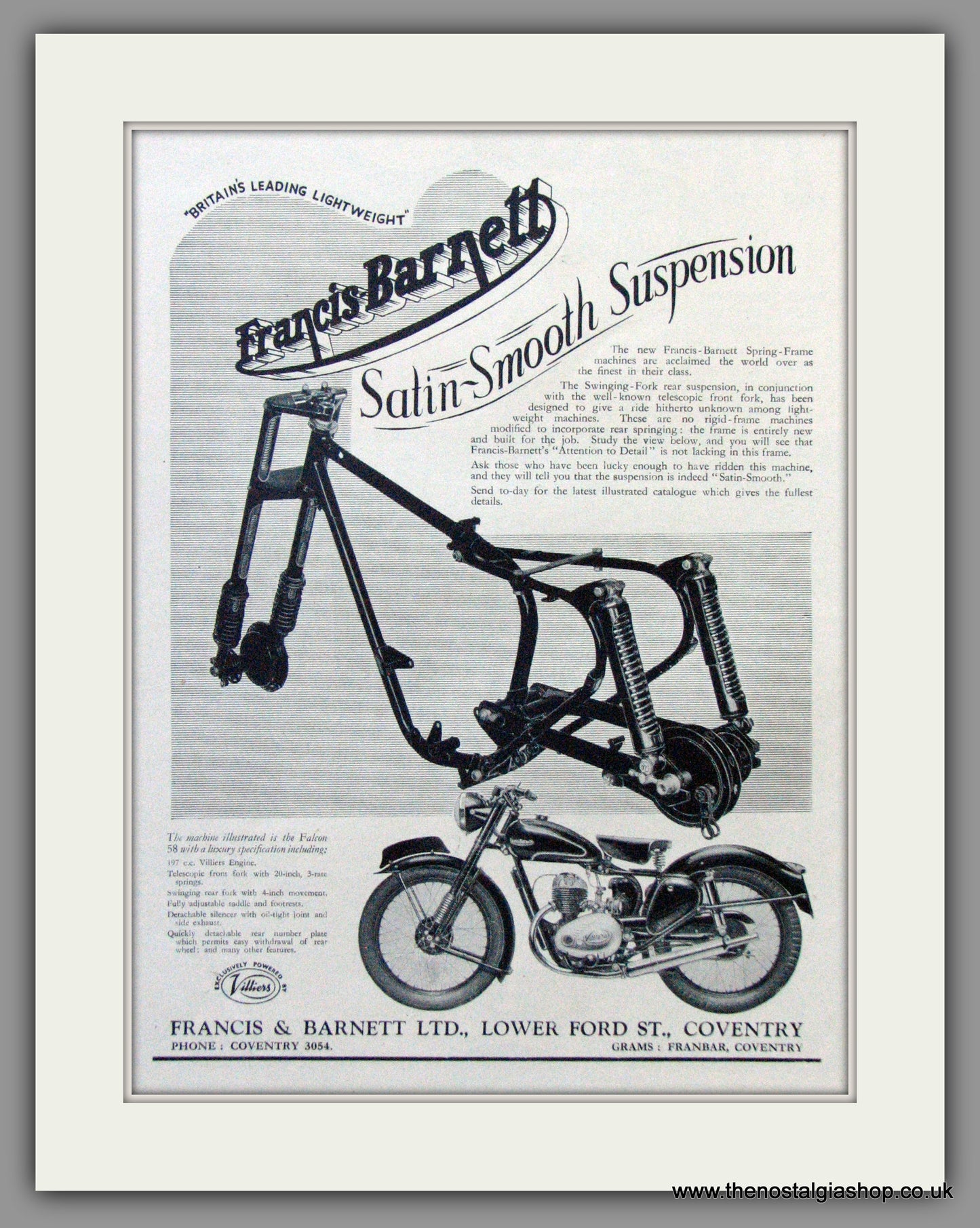 Francis-Barnett. Satin Smooth Suspension. Original Advert 1952 (ref AD53064)