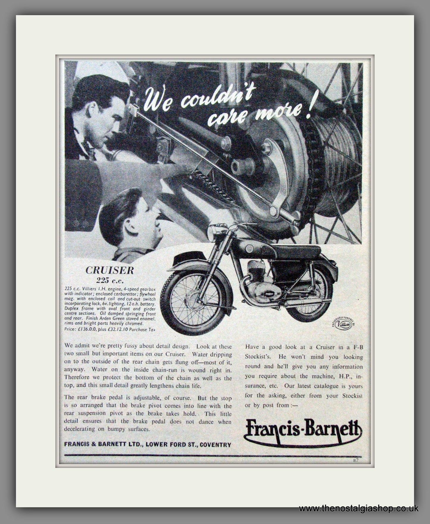 Francis-Barnett. Cruiser. 225cc.. Original Advert 1956 (ref AD53066)