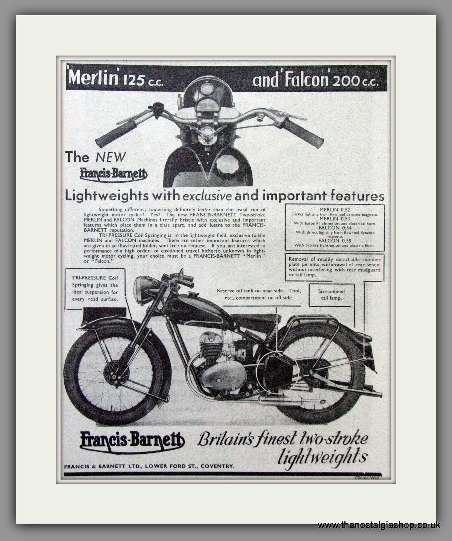Francis-Barnett. Merlin 125cc and Falcon 200cc. Original Advert 1948 (ref AD53071)