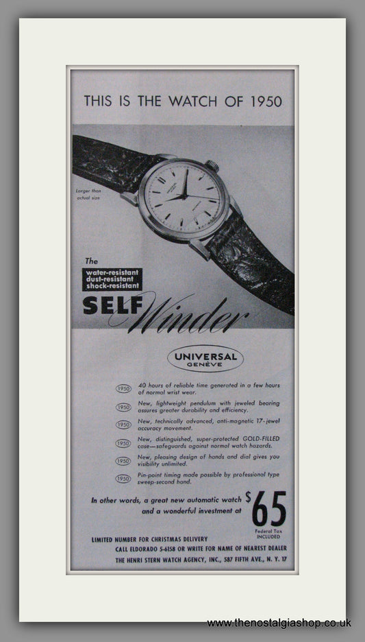 Universal Geneve. Self Winder Watch. Original American Advert 1949 (ref AD52984)