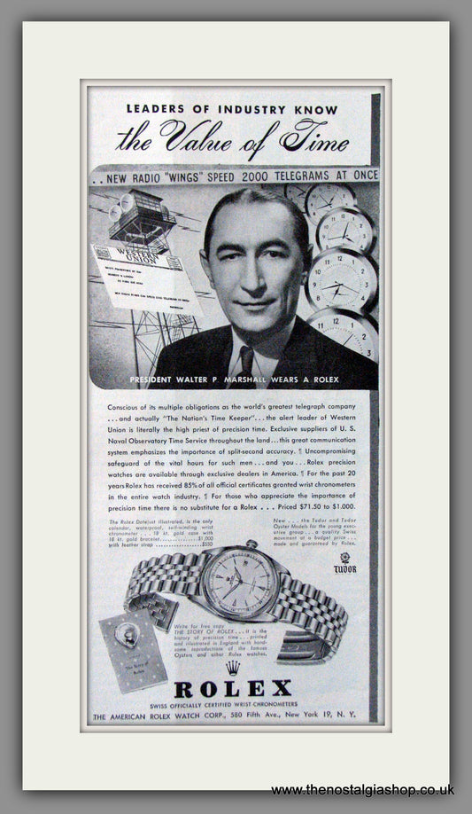 Rolex Watches. The Value of Time. Original American Advert 1949 (ref AD52985)