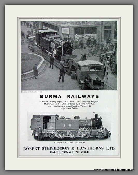 Robert Stephenson & Hawthornes Ltd. Burma Railways. Original Advert 1948 (ref AD53119)
